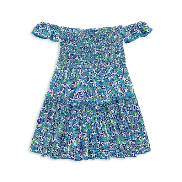 Poupette St Barth Girl's 8Y Aurora Off-The-Shoulder Dress Smocked Blue Flowy - Picture 1 of 5